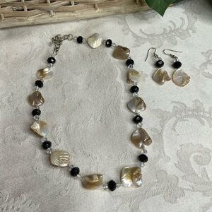 Raw Freshwater Squared Pearls Black & Clear Crystal Spacers Necklace & Earrings